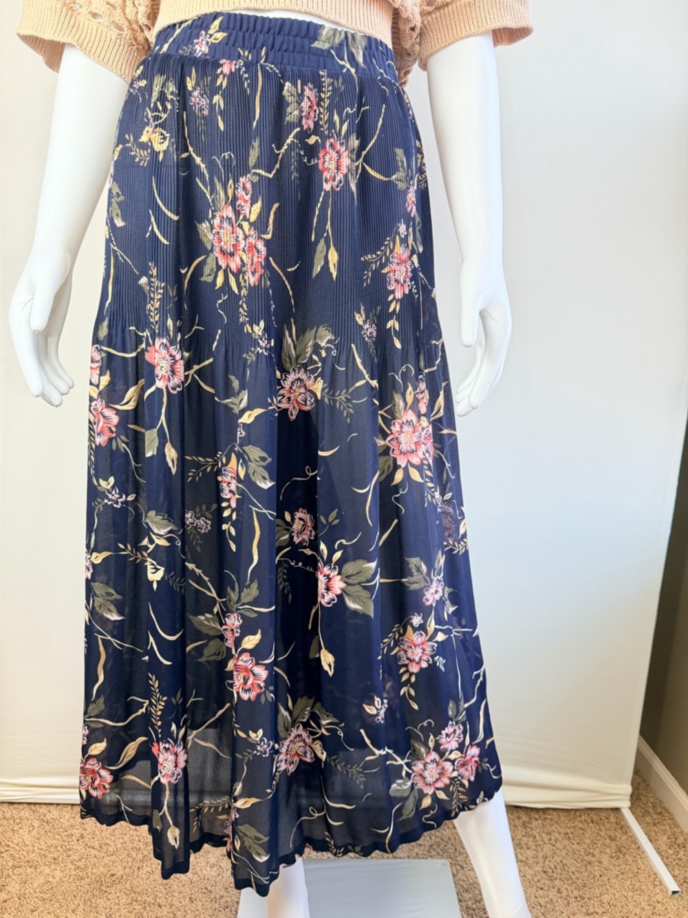 Sag Harbor Navy Floral Pleated Flowy Sheer Chiffon Midi Skirt Elastic Waist 1X